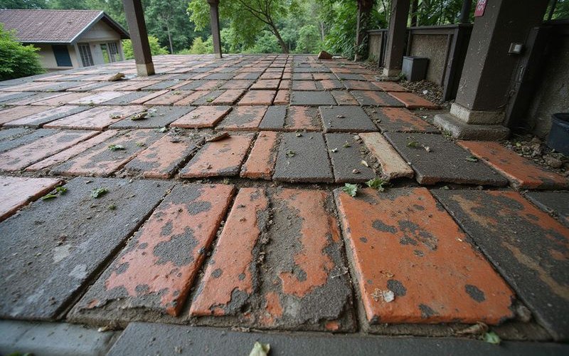 Aged roof tiles showing signs of weathering and deterioration, Malaysian residential setting