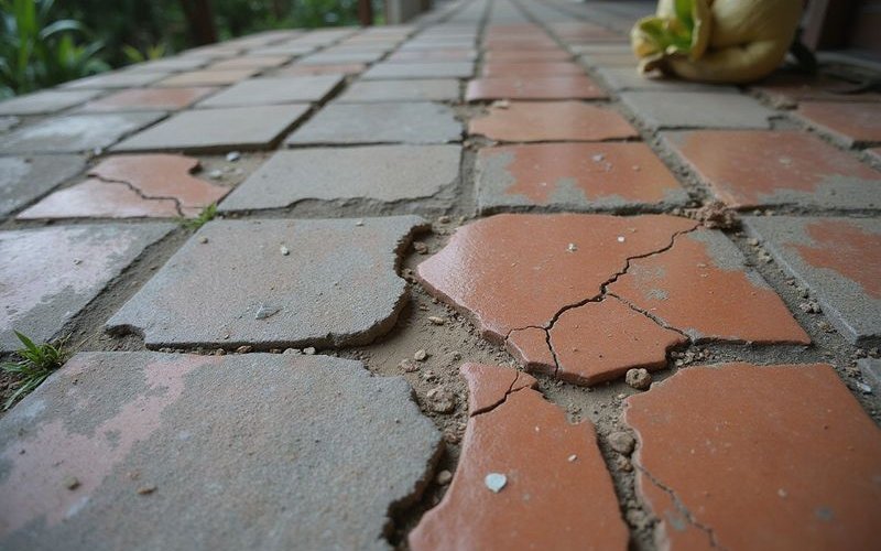 Cracked roof tile on Malaysian home showing weathering damage, close-up detail