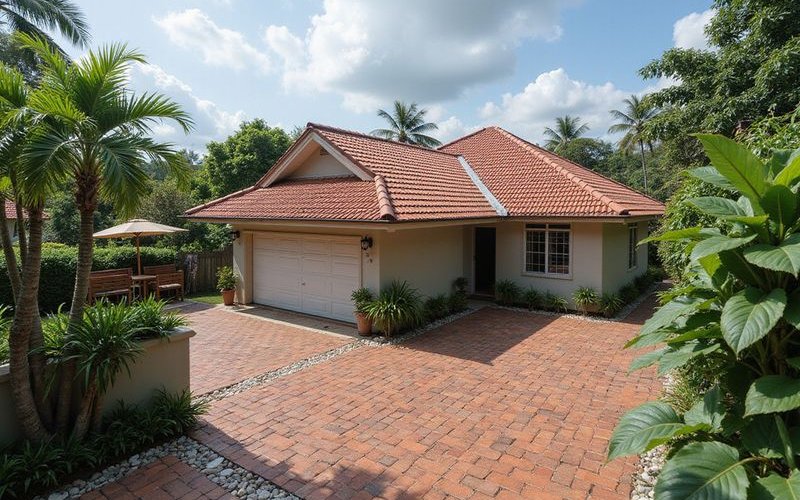 Roof coating being applied to tile roof for heat protection, professional application, Malaysian home