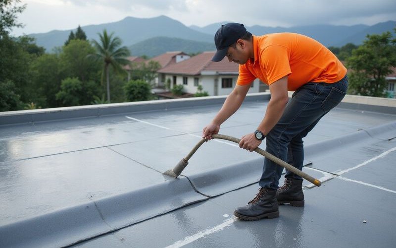 Waterproofing membrane being applied to flat roof, professional installation, Malaysian setting