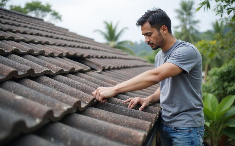 Roofer inspecting roof to assess repair costs, Malaysian home, professional evaluation