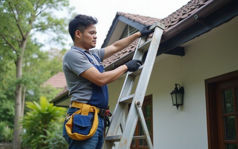 Homeowner safely cleaning gutters on single-story Malaysian home, proper ladder placement, safety precautions
