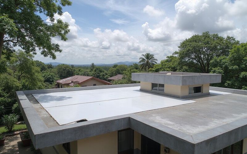 Self-adhesive membrane being applied to flat roof, professional installation, Malaysian building