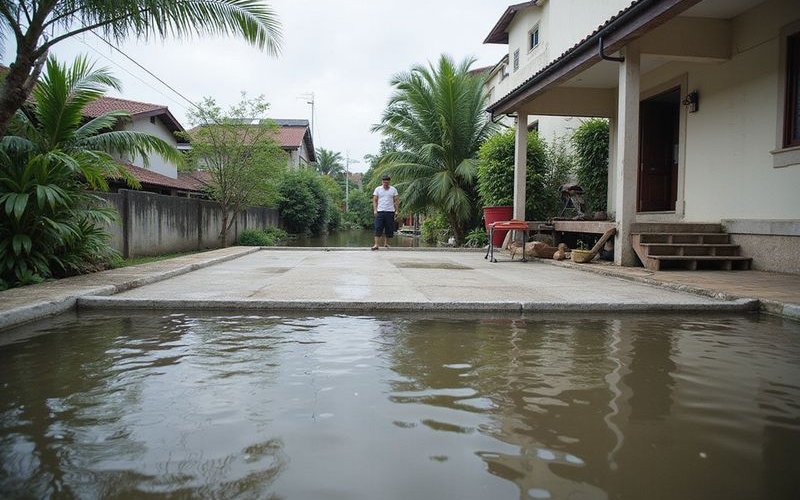 Water testing flat roof waterproofing, flooding test in progress, Malaysian building