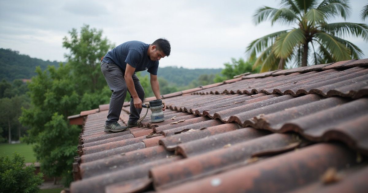 Professional inspecting roof for maintenance