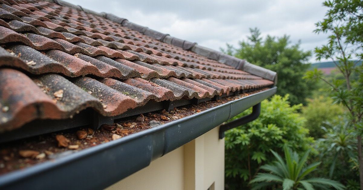 Clogged gutter overflowing with debris