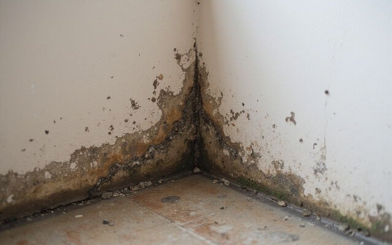 Mold growth on interior wall corner indicating moisture problem from roof leak, Malaysian home setting