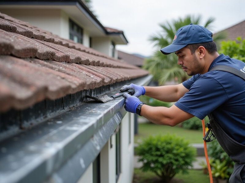 Worker cleaning clogged gutter on Malaysian home, removing leaves and debris, professional service, ladder safety