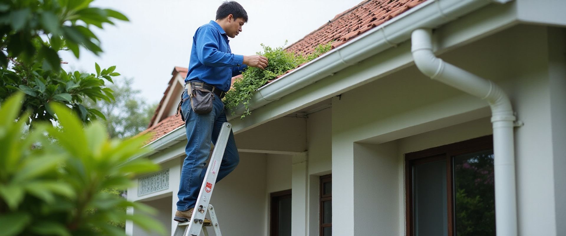 Professional cleaning gutters on Malaysian home