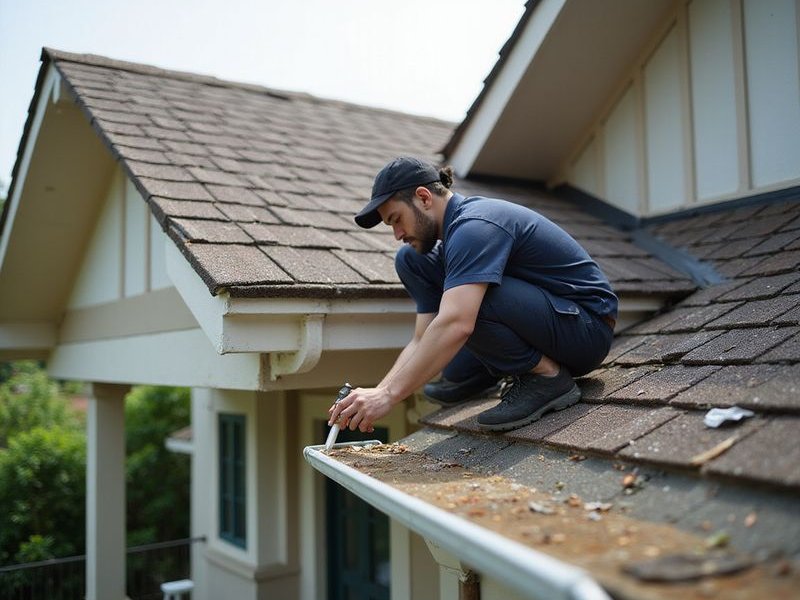 Worker repairing gutter joint on Malaysian home, sealing leak, professional tools, attention to detail