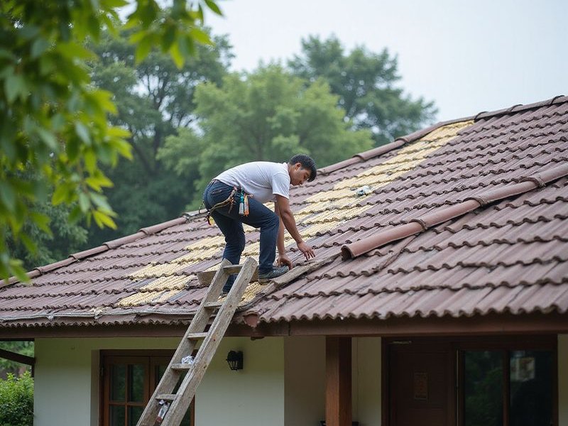 New roof being installed on Malaysian terrace house, workers laying tiles systematically, professional team at work, clear day, quality materials