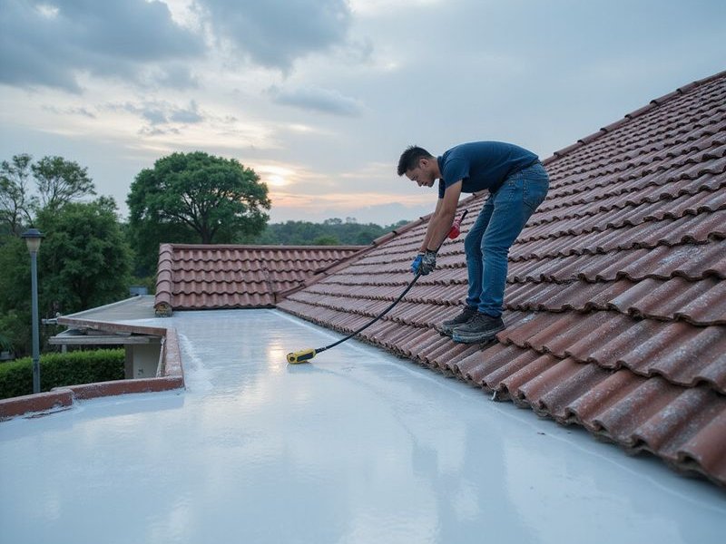 Worker applying reflective roof coating on Malaysian home, systematic application, professional equipment, sunny day