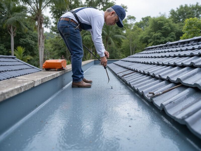 Completed roof coating, clean reflective surface, Malaysian home exterior, professional finish, improved appearance