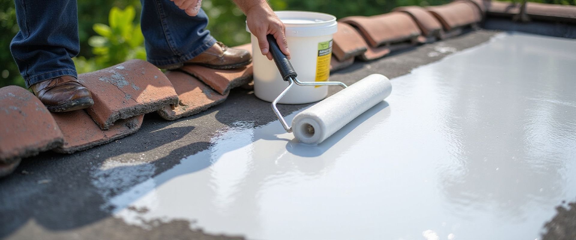 Professional applying reflective roof coating