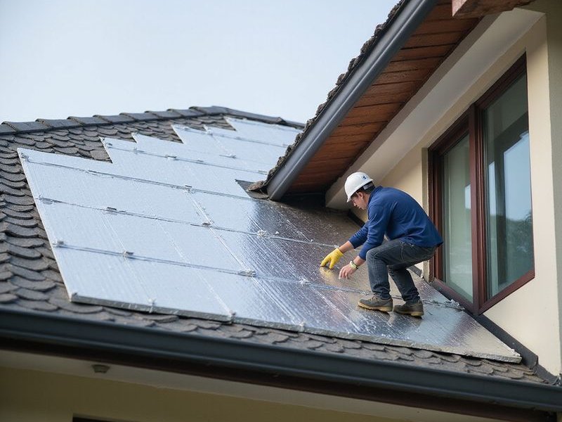 Worker installing insulation material in Malaysian home attic, professional installation, quality materials, proper technique