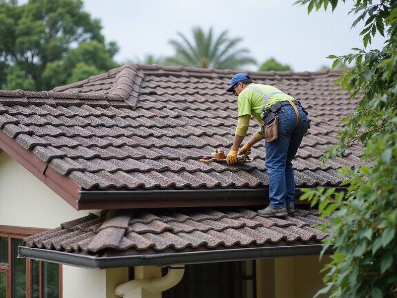 Completed roof repair on Malaysian terrace house, neat workmanship, quality finish, residential neighborhood setting, professional result