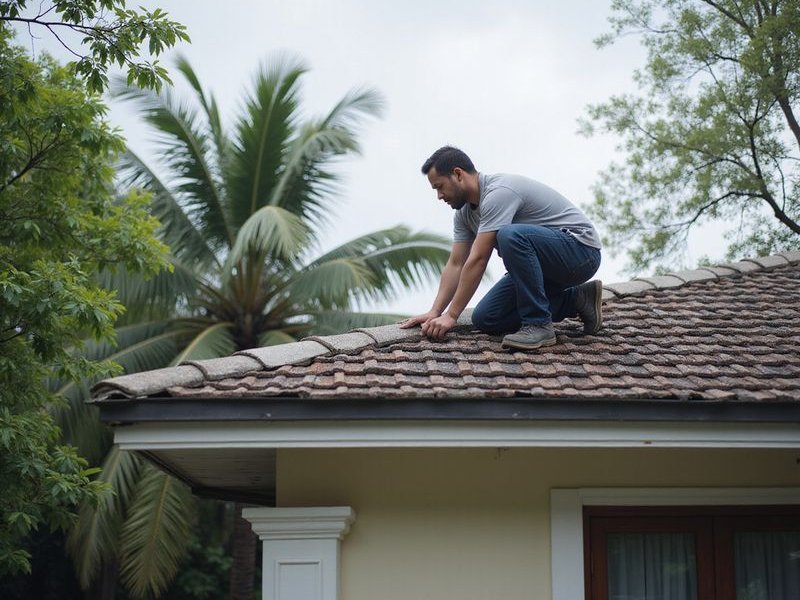 Roofing expert inspecting tiles on a Malaysian terrace house roof, checking for damage and potential leak sources, professional equipment, natural lighting