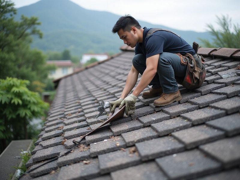 Professional roofer applying sealant to fix a leak on a Malaysian home roof, quality materials, attention to detail, sunny day, professional workmanship