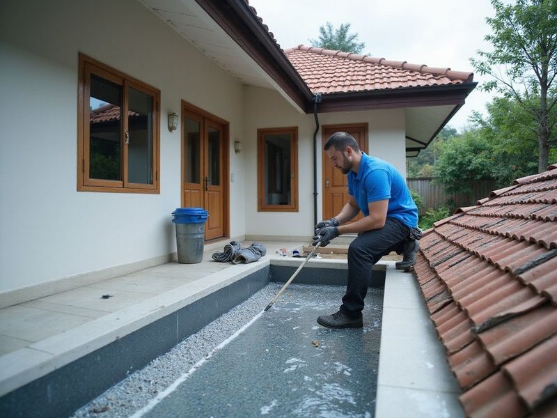 Bathroom waterproofing in progress, worker applying coating to floor, Malaysian home interior, professional application, quality materials